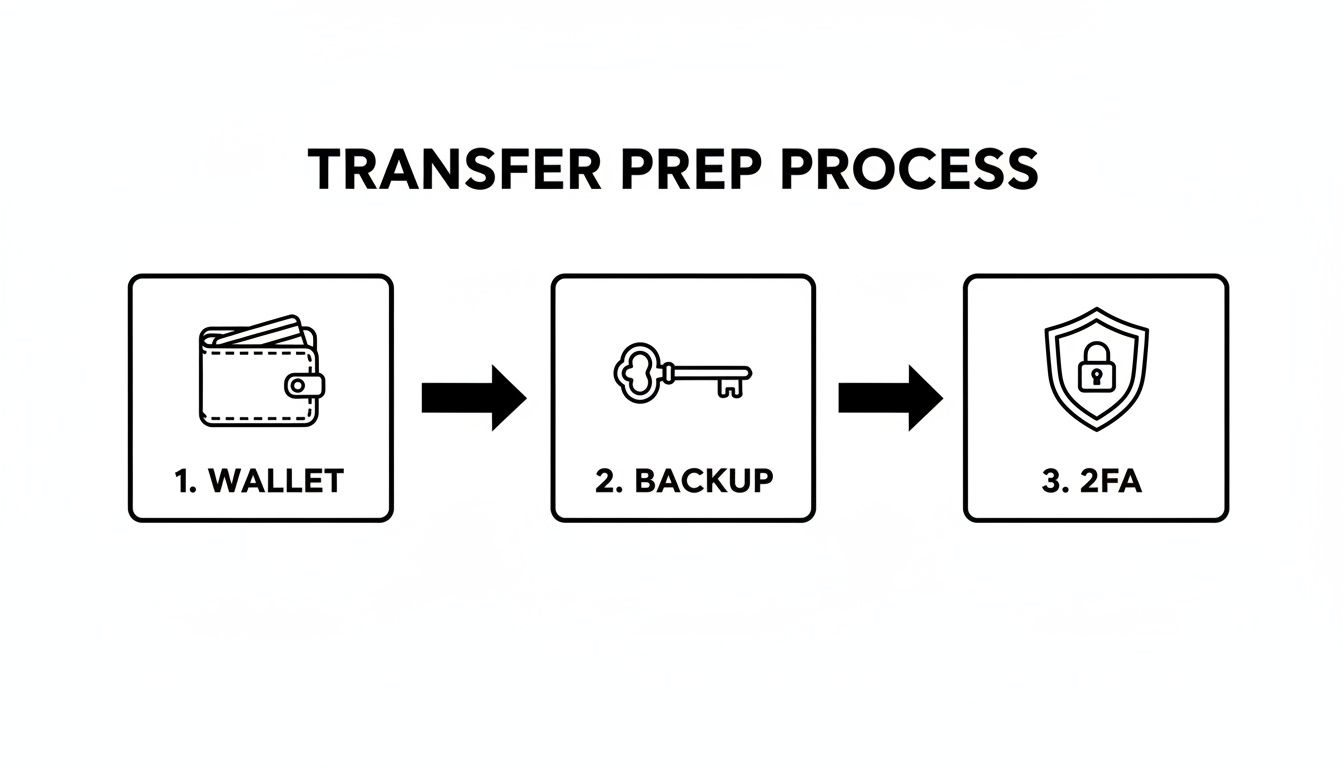 A three-step diagram illustrates the transfer preparation process: wallet, backup key, and 2FA security.