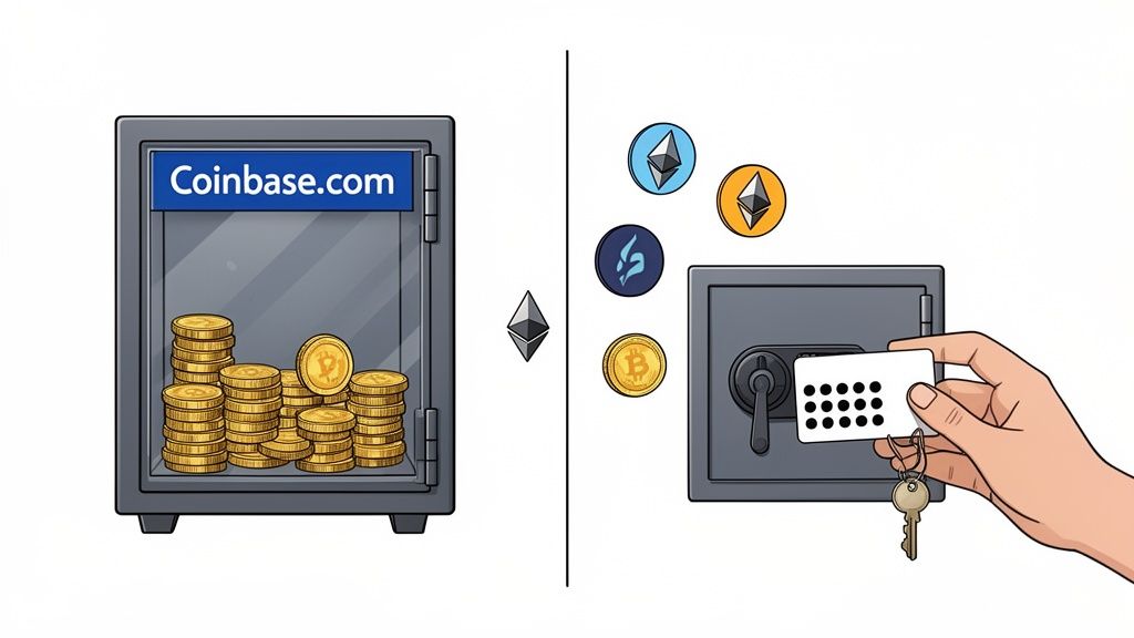 Illustration comparing cryptocurrency storage methods: Coinbase exchange with coins versus a self-custody wallet with a recovery key.