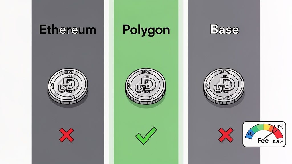 Comparison of Ethereum, Polygon, and Base for USDC transactions, showing Polygon's lower fees.