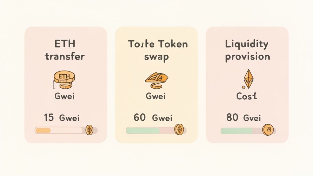 Illustration showing estimated gas fees in Gwei for ETH transfer, token swap, and liquidity provision.