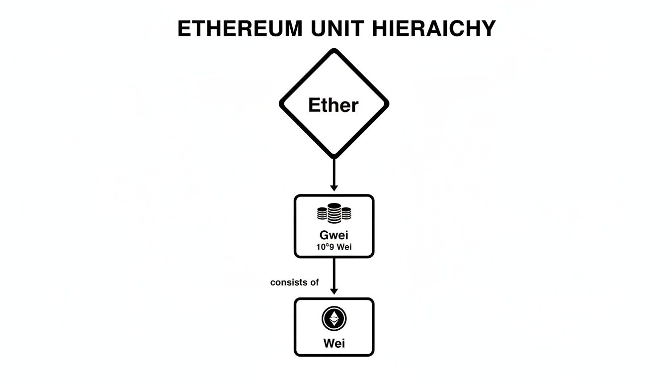 Diagram illustrating the Ethereum unit hierarchy from Ether to Gwei to Wei.