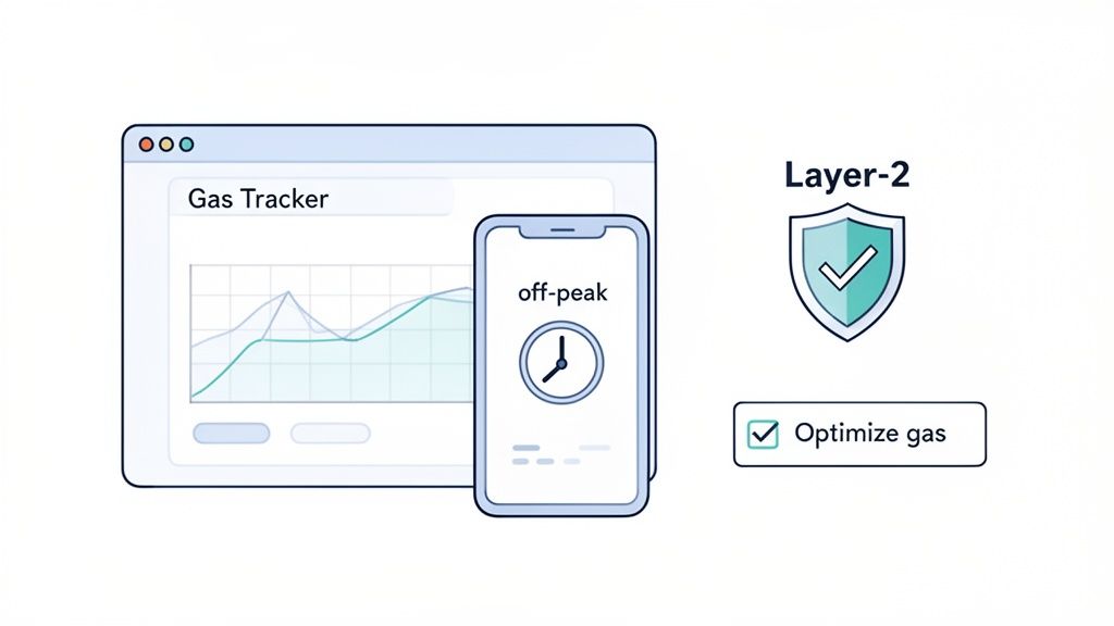 A desktop 'Gas Tracker' displaying a graph, a phone showing 'off-peak' time, and 'Layer-2' shield with an 'Optimize gas' option.