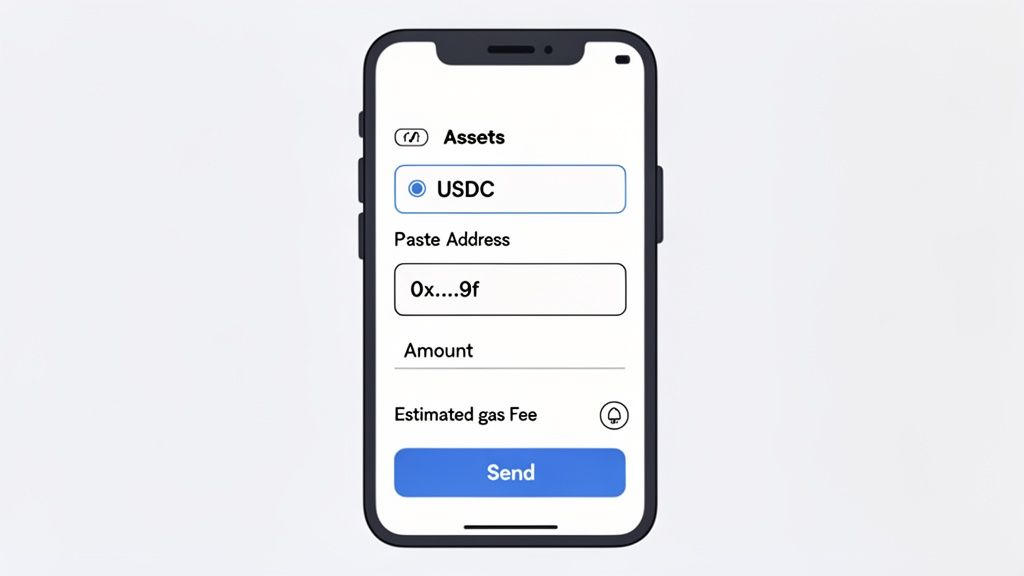 A smartphone displaying a cryptocurrency wallet app interface for sending USDC with an address input and estimated gas fee.