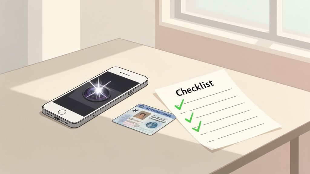A smartphone with a glowing camera, an ID card, and a checklist with green checkmarks on a table.