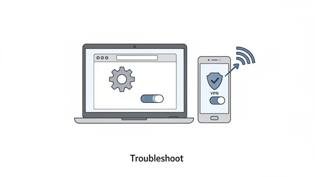 Illustration of a laptop with settings and a smartphone with an inactive VPN, suggesting troubleshooting.
