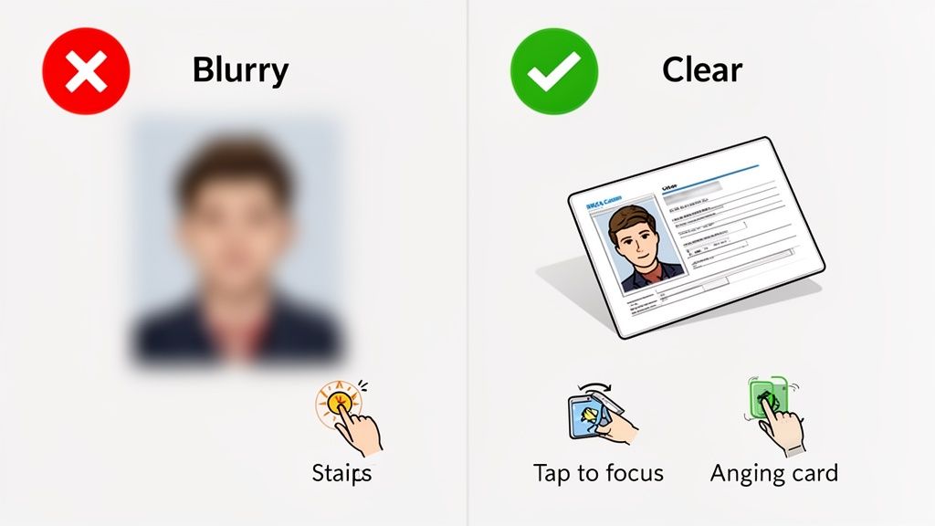Comparison of blurry and clear identity verification photos, illustrating best practices for crisp ID scans.