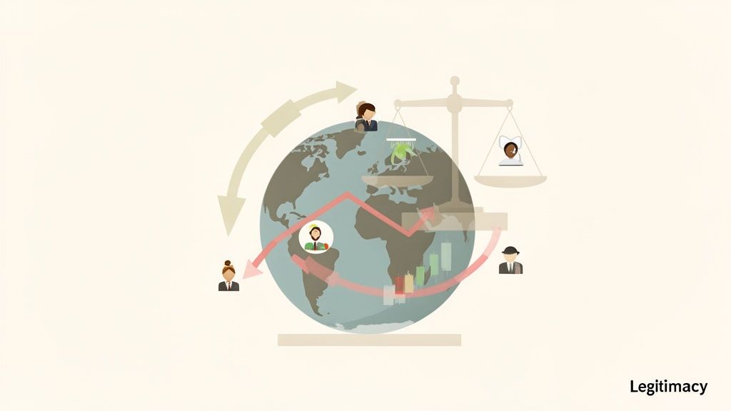 An illustration of a globe with people, arrows, financial trends, and scales, symbolizing global legitimacy.