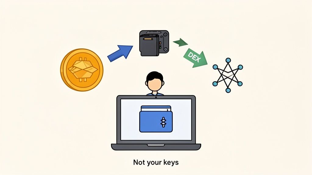 Illustration depicting crypto assets flowing through a centralized exchange to a network, emphasizing 'Not your keys' for users.