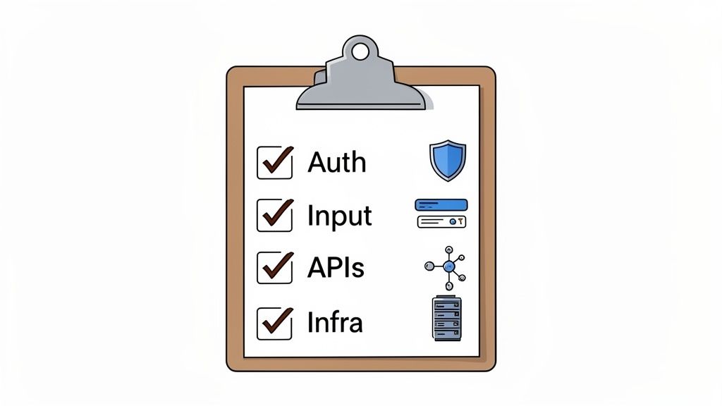 A checklist on a clipboard with 'Auth', 'Input', 'APIs', 'Infra' checked, representing a security audit.