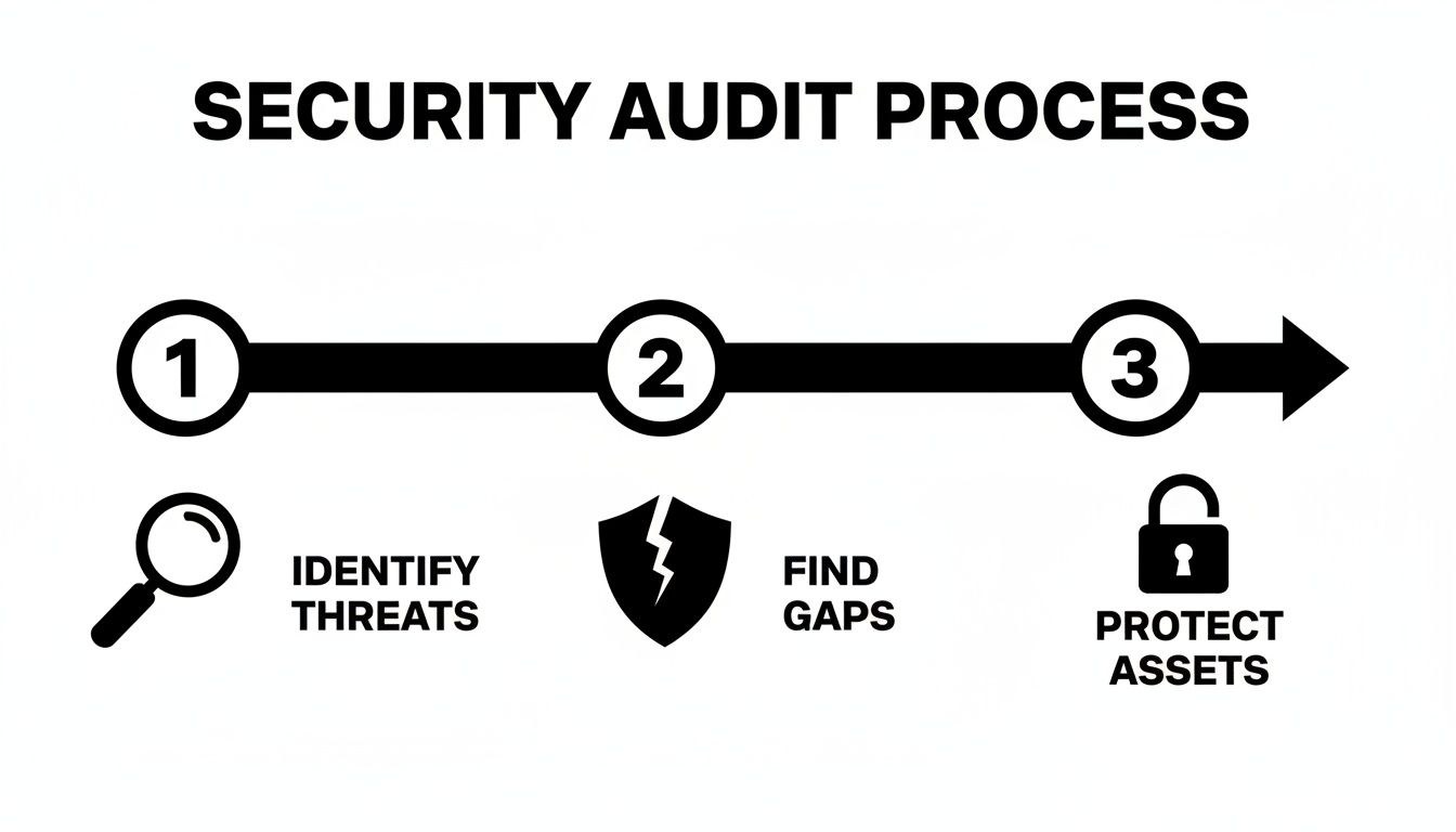 A three-step security audit process with icons for identifying threats, finding gaps, and protecting assets.