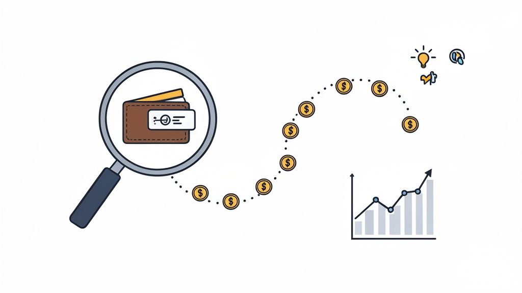 A magnifying glass examining a wallet, leading to a path of dollar coins and a rising financial growth chart with new ideas.