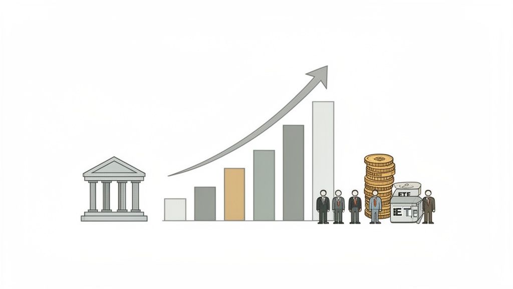 An illustration showing financial growth with a bar chart, an upward arrow, coins, businessmen, and ETFs.
