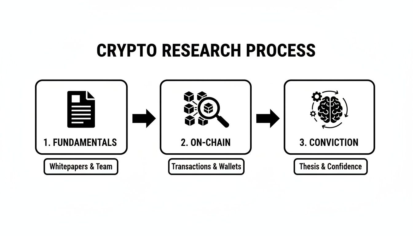 A flowchart outlining the crypto research process, covering fundamentals, on-chain analysis, and conviction.