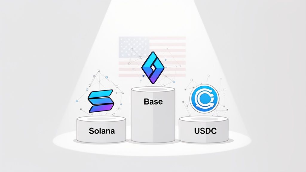 Crypto pedestals featuring Solana, Base, and USDC logos, with a US flag in the background under a spotlight.