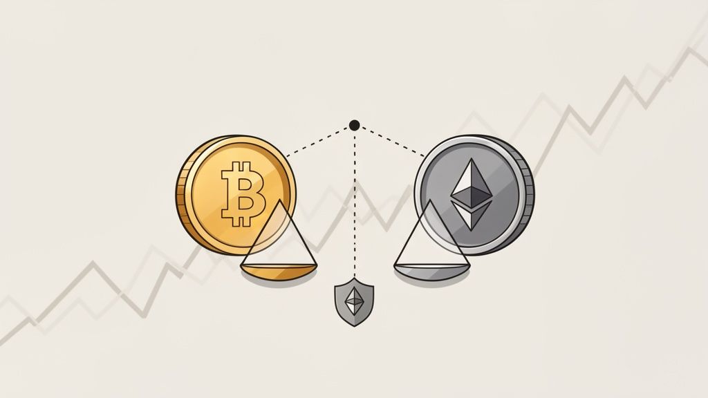 Bitcoin and Ethereum coins on a balance scale, representing cryptocurrency comparison or trading decisions.