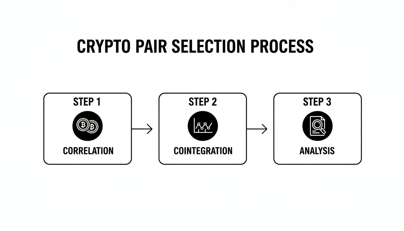 Flowchart illustrating the crypto pair selection process with steps for correlation, cointegration, and analysis.