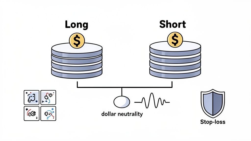 An illustration of long and short positions, dollar neutrality, and stop-loss, representing a trading strategy.