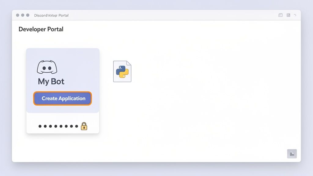 Discord Developer Portal interface showing 'My Bot' card with 'Create Application' button and Python icon.