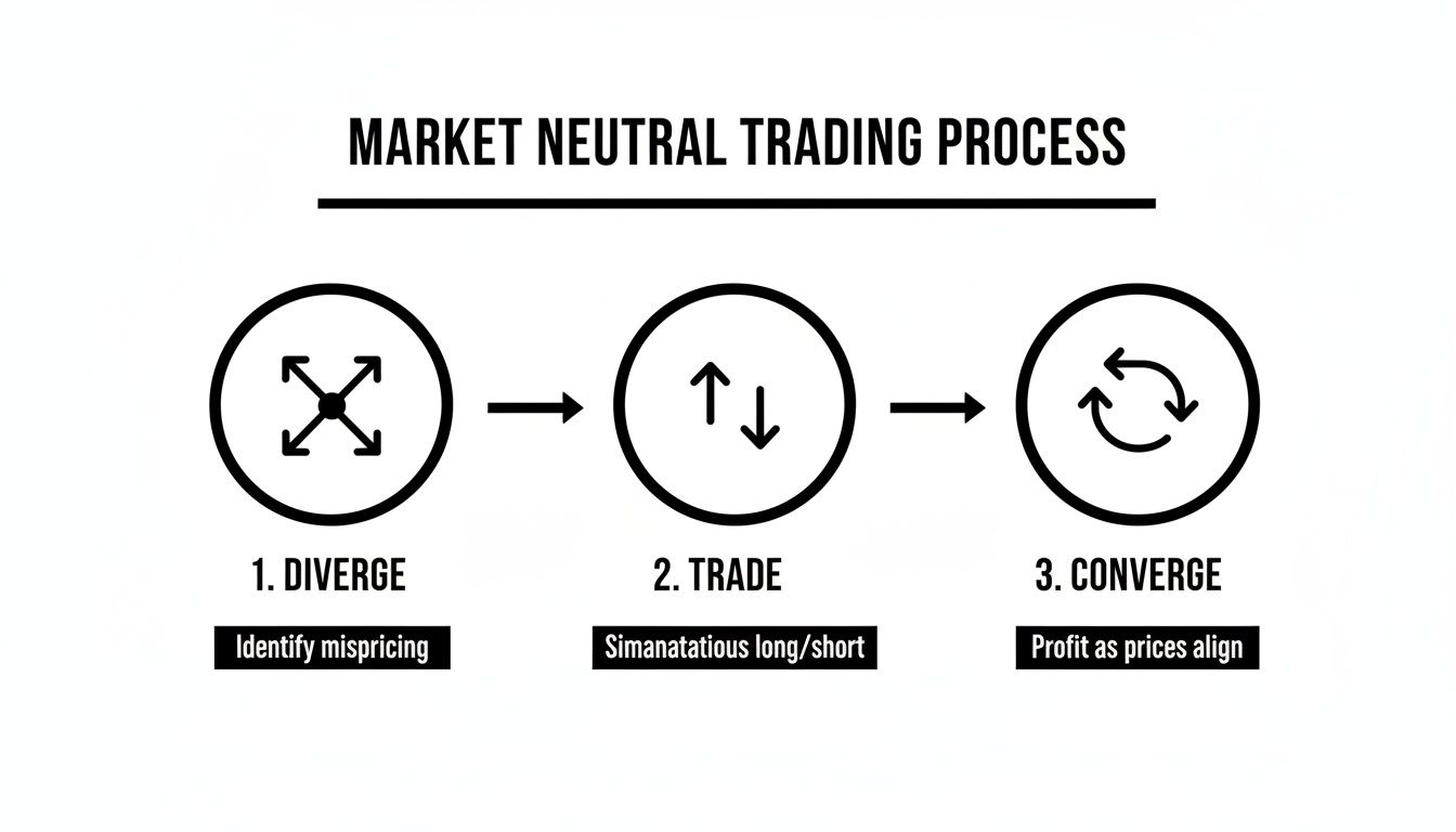 Diagram illustrating the market neutral trading process: diverge, trade, and converge to profit.
