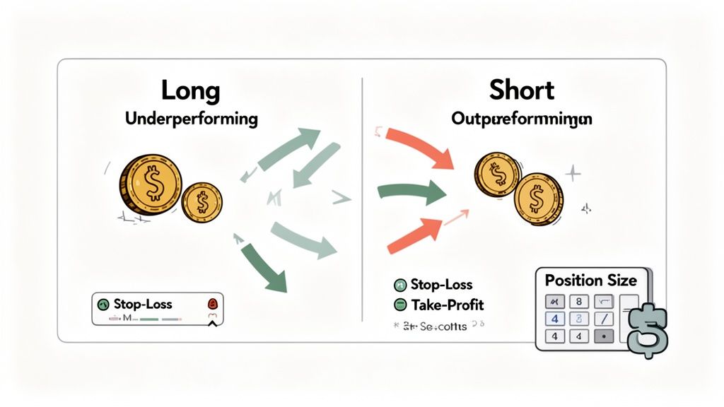 Illustration comparing long underperforming and short outperforming trading strategies with stop-loss, take-profit, and position size.