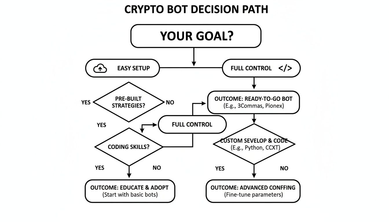 Flowchart illustrating the decision path for choosing a crypto bot based on setup, control, and coding skills.