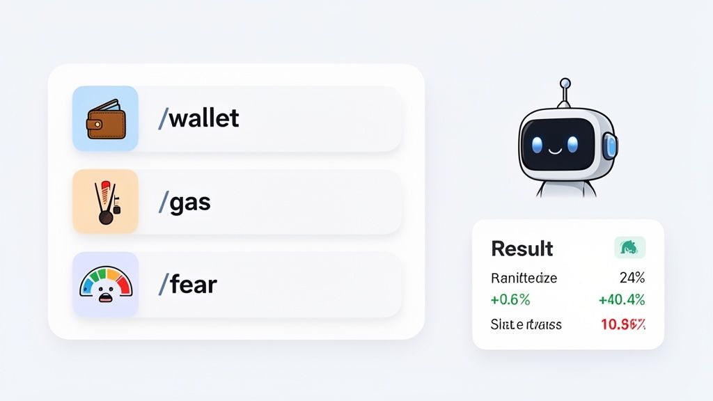 A Discord bot interface displays crypto commands like /wallet, /gas, /fear, and result data percentages.