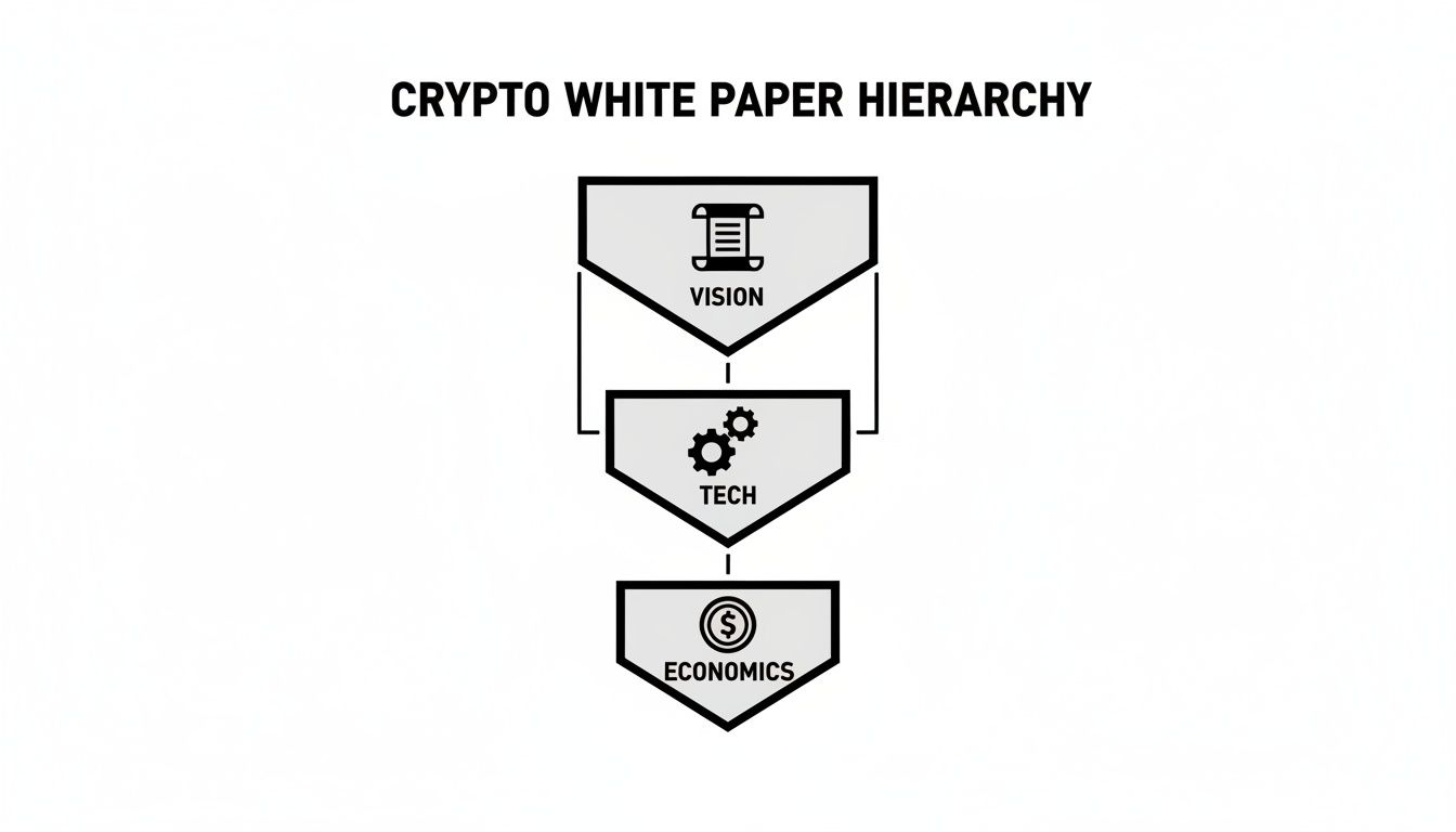 A visual hierarchy illustrating the key components of a crypto white paper: vision, technology, and economics.