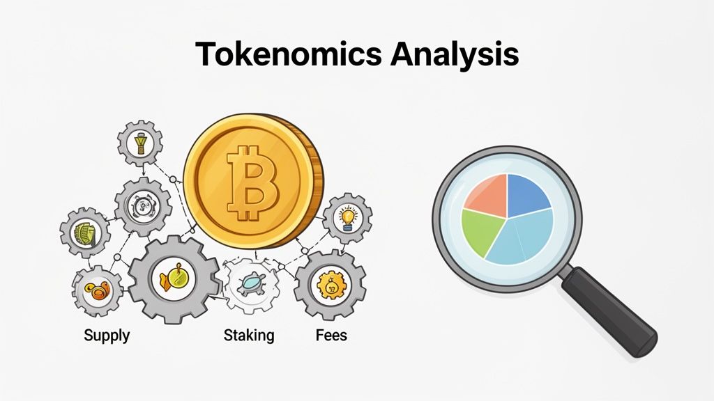 An illustration of Tokenomics Analysis with a Bitcoin, gears for supply, staking, and fees, and a magnifying glass on a pie chart.