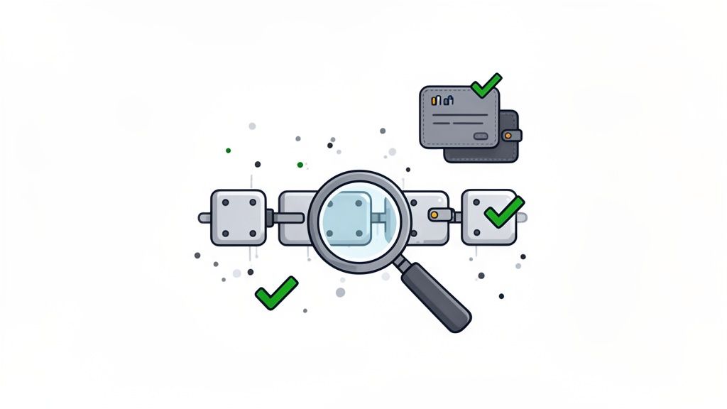 An illustration of a blockchain with blocks, a magnifying glass, and green checkmarks for verification.