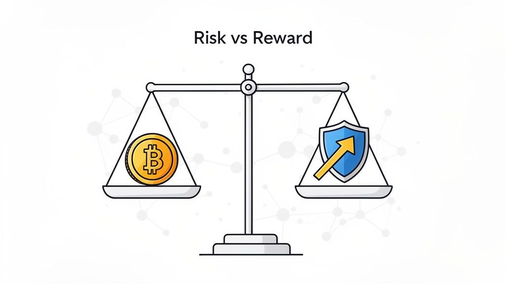 A balance scale weighing a Bitcoin coin on one side against a shield with an upward arrow, illustrating risk vs reward.