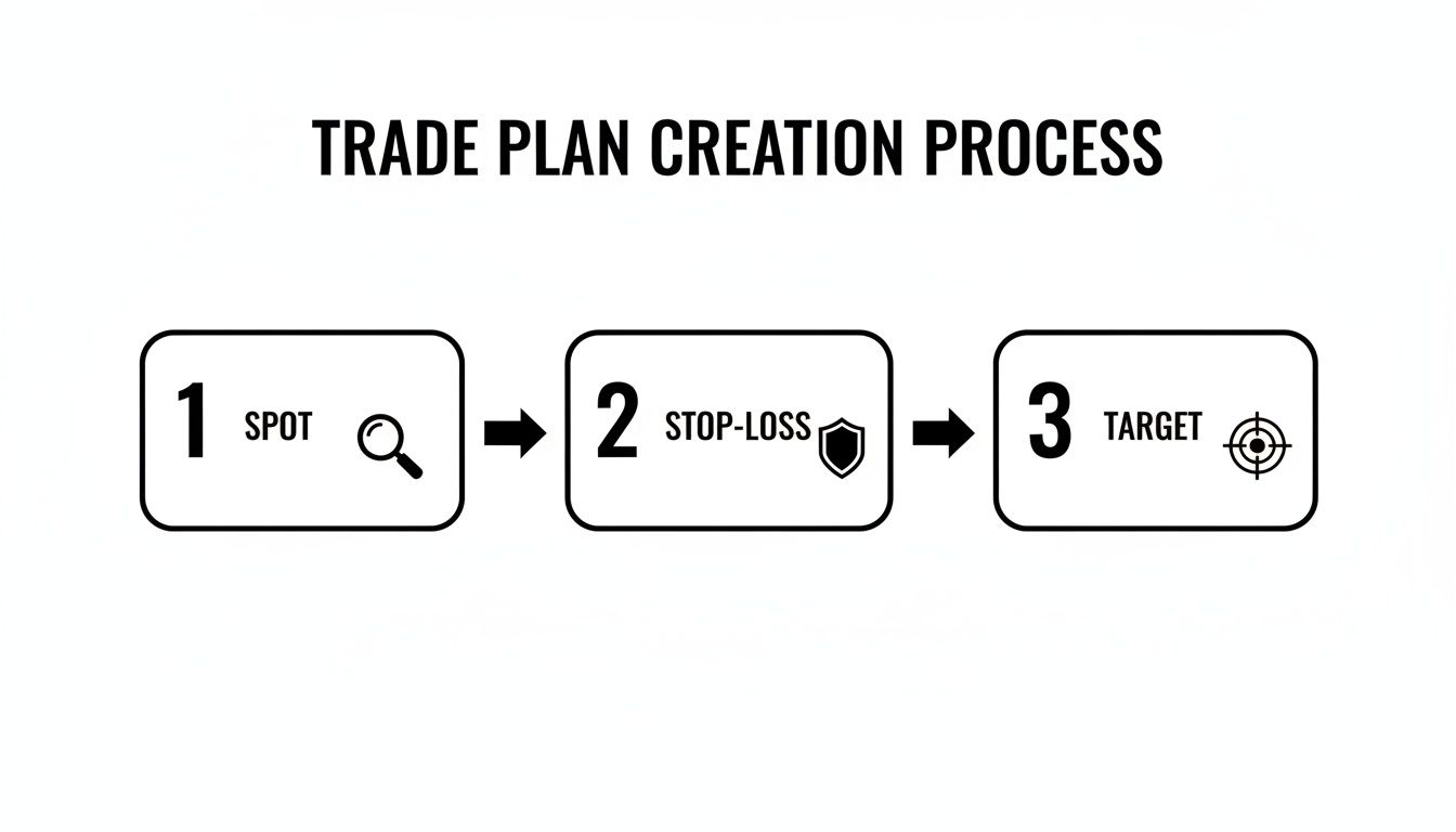 Flowchart illustrating the trade plan creation process: spot, stop-loss, and target steps.