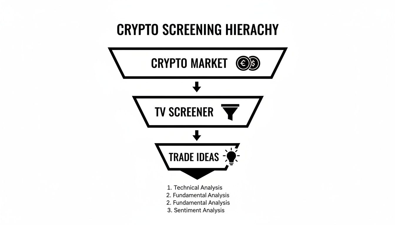 Flowchart illustrating crypto screening hierarchy: Crypto Market -> TV Screener -> Trade Ideas.