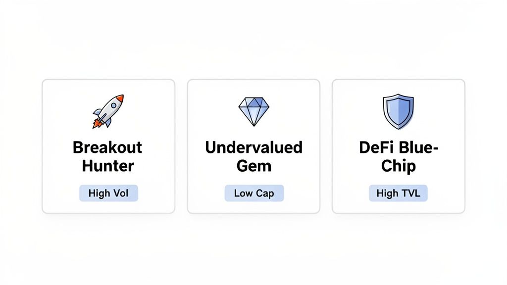 Three cards illustrating crypto trading strategies: Breakout Hunter, Undervalued Gem, and DeFi Blue-Chip.
