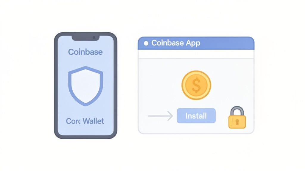 Illustration showing Coinbase Core Wallet on a phone and Coinbase App installation with a dollar coin and padlock.