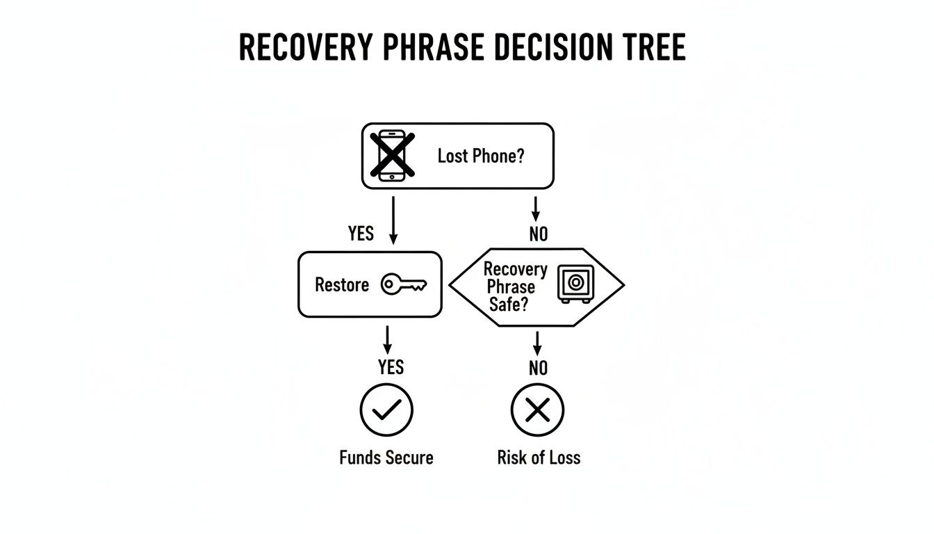 A decision tree flowchart showing steps to secure funds using a recovery phrase after a lost phone.