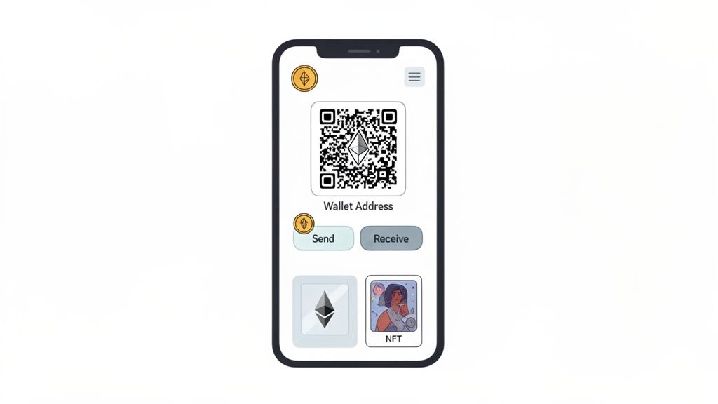 A smartphone displays a crypto wallet app with a QR code, send/receive buttons, Ethereum, and NFT options.