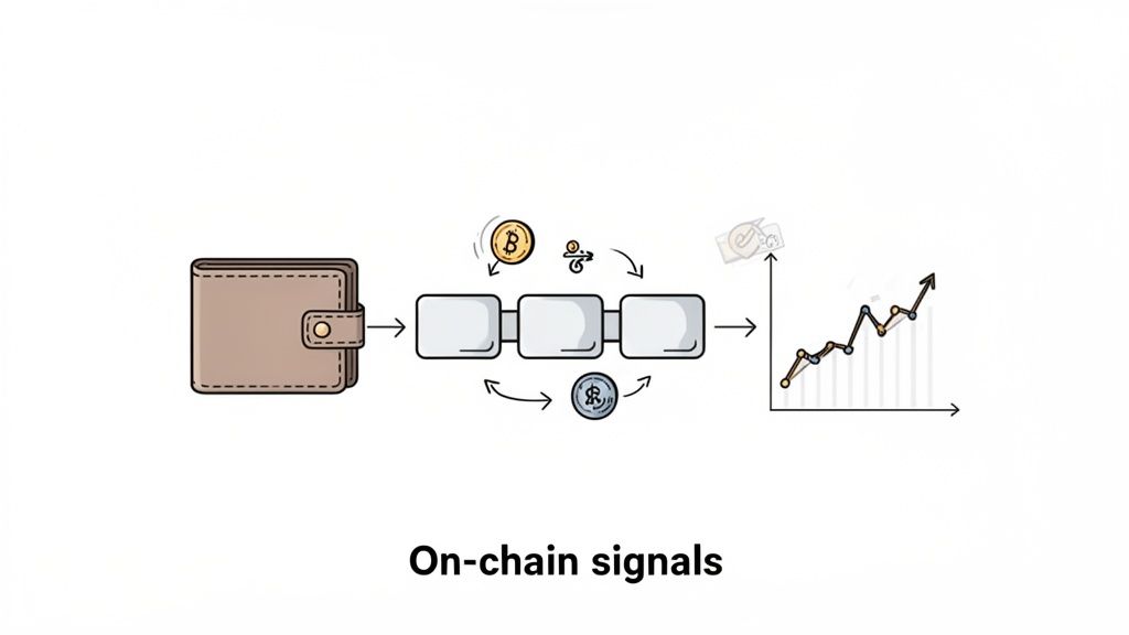 Illustration showing a crypto wallet sending transactions through a blockchain, generating on-chain signals for a rising market graph.