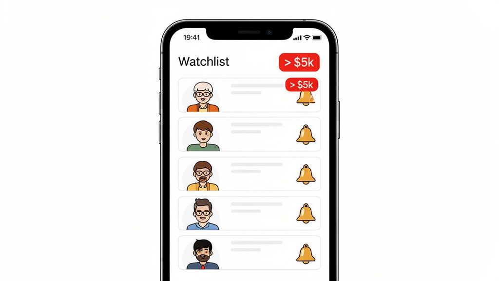 Mobile app screen showing a watchlist with diverse user profiles and financial alerts above $5k.
