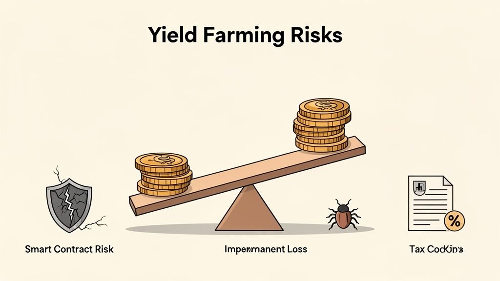 An illustration detailing yield farming risks, including smart contract risk, impermanent loss, and tax Codkins.