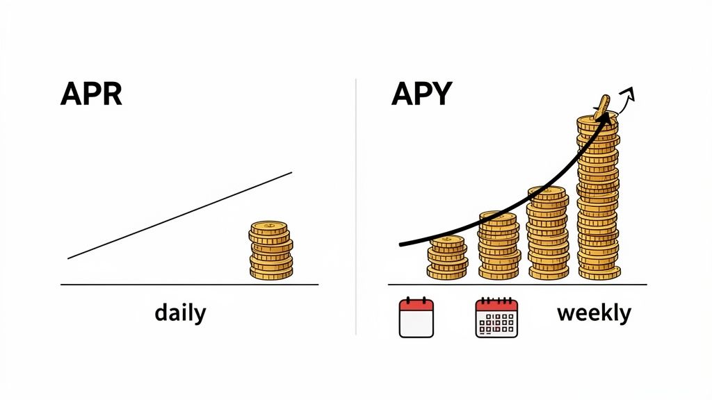 An image comparing APR (Annual Percentage Rate) showing linear growth with APY (Annual Percentage Yield) depicting exponential growth over time.