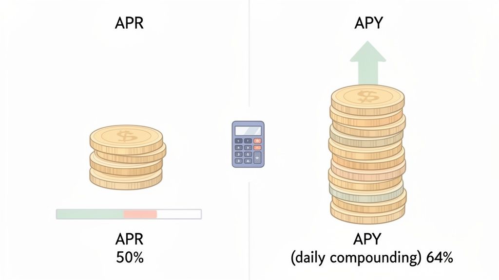 An image comparing APR (50%) and APY (daily compounding, 64%) with stacks of coins and a calculator.