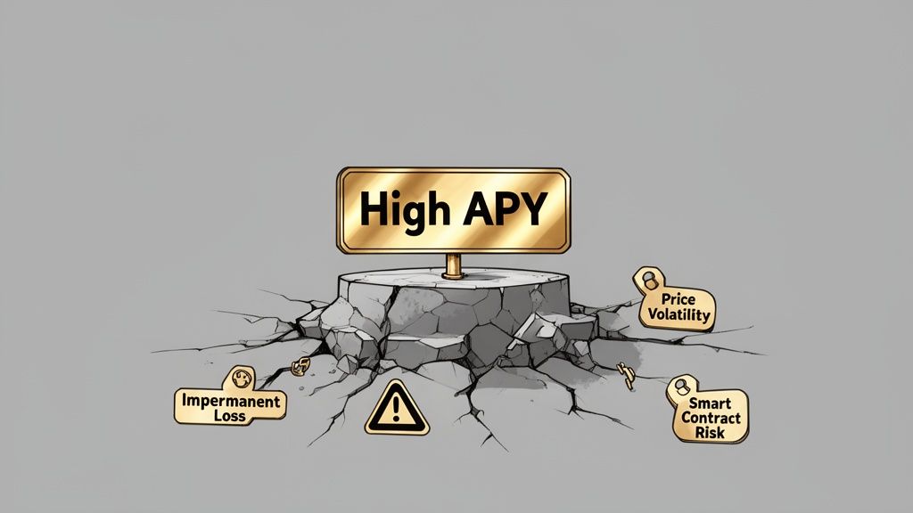 A 'High APY' sign stands on a cracked pedestal, surrounded by warning signs like impermanent loss and price volatility.