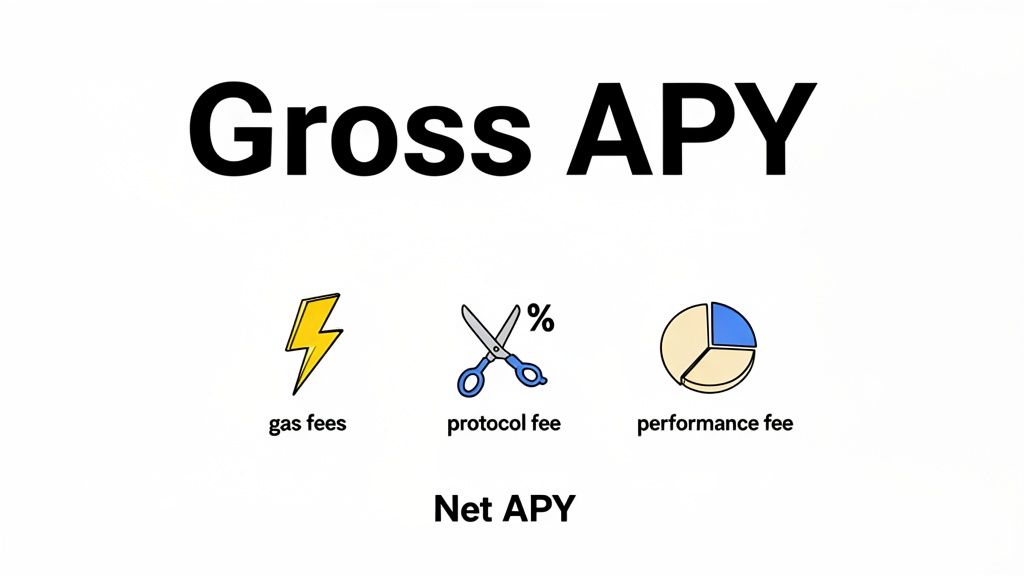 Illustration showing Gross APY reduced by gas, protocol, and performance fees to calculate Net APY.