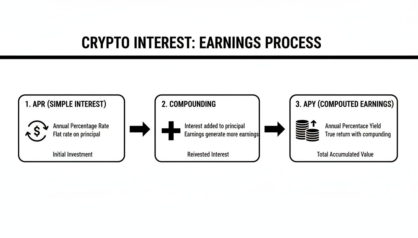 A diagram illustrating the crypto interest earnings process, explaining APR, compounding, and APY.