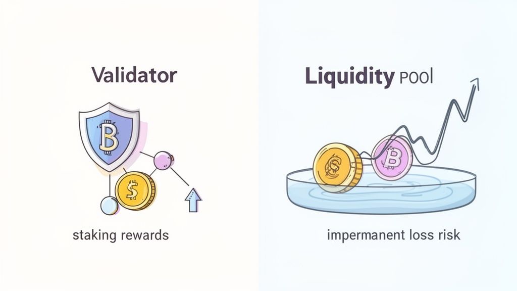 Illustration comparing crypto staking rewards for validators and impermanent loss risk in liquidity pools.