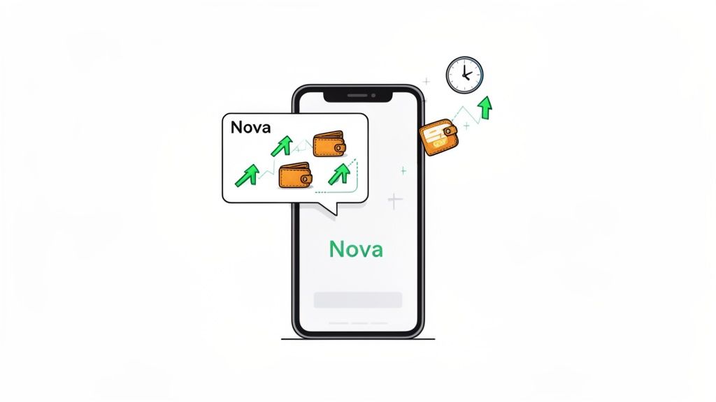 A smartphone displaying 'Nova' with financial growth symbols like wallets, green arrows, and a clock.