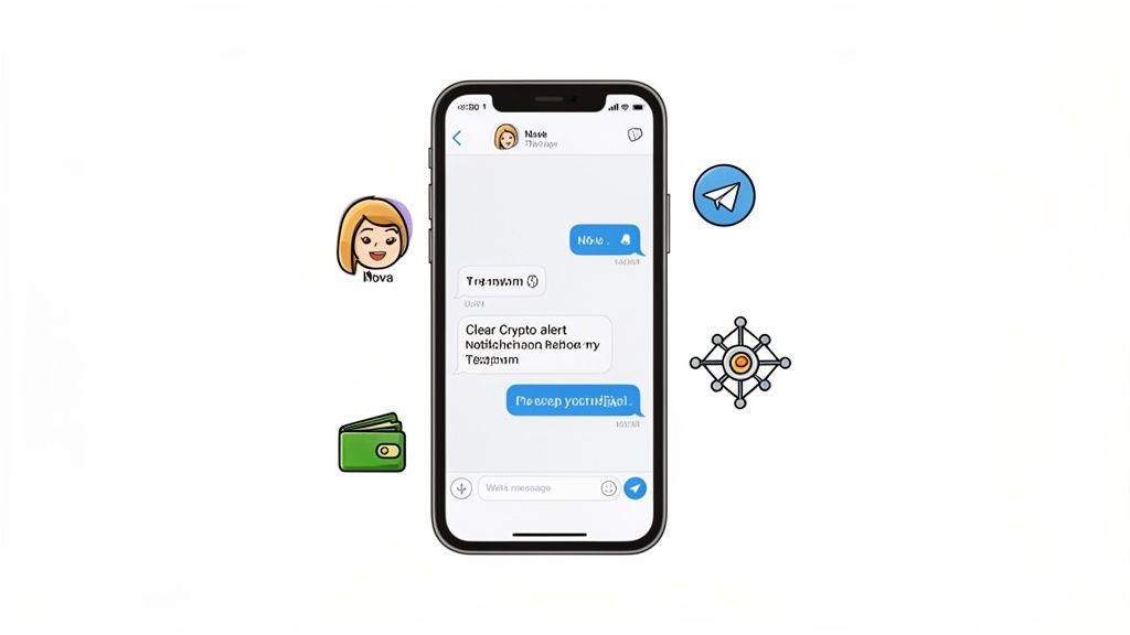 A smartphone displays a chat with a Nova bot, featuring crypto alerts and financial icons.