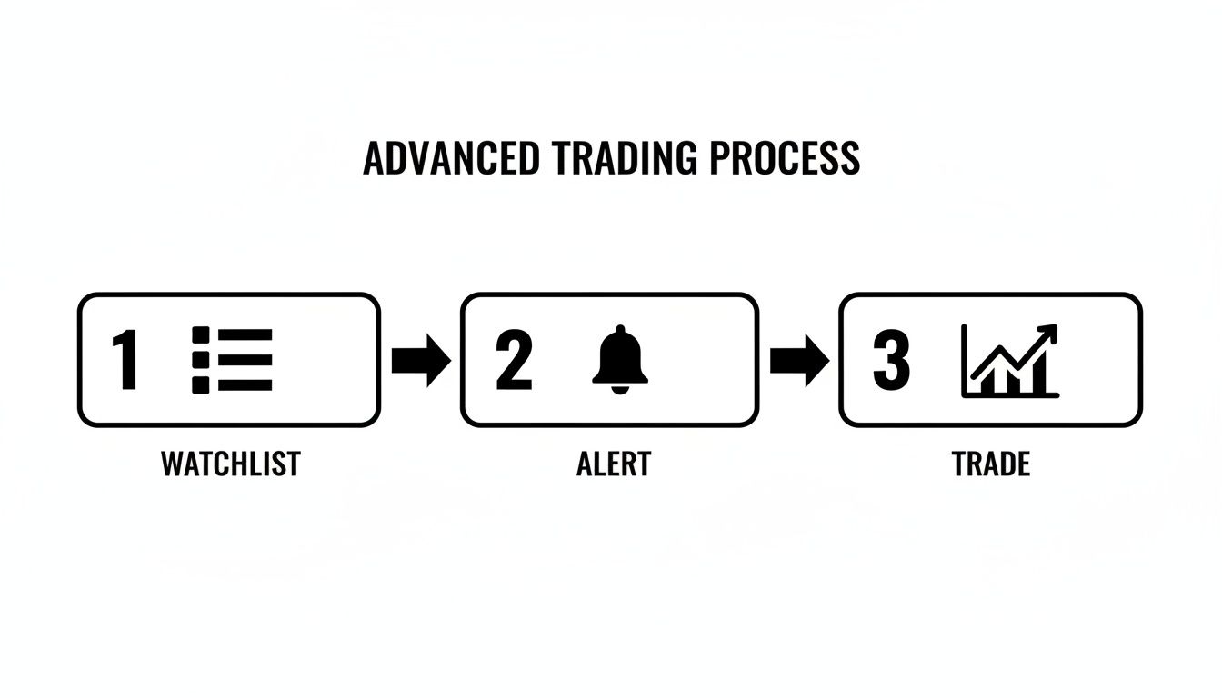 A diagram illustrating an advanced trading process with three steps: Watchlist, Alert, and Trade.