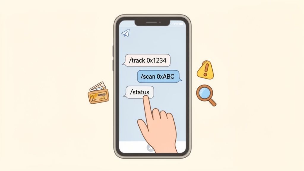 A hand taps a smartphone displaying a chat app with bot commands like /track, /scan, and /status.
