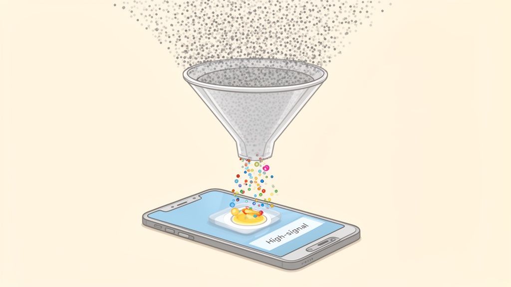 A funnel processes raw, noisy data, delivering colorful, high-signal information onto a smartphone screen.